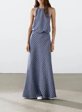 巨折！md深蓝格纹~法式棉麻~雅致格纹挂脖连衣裙度假风长裙