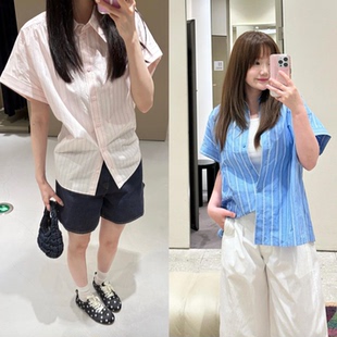 巨折！北欧C！袖口翻边！通勤休闲~宽松直筒女款条纹短袖衬衫2色