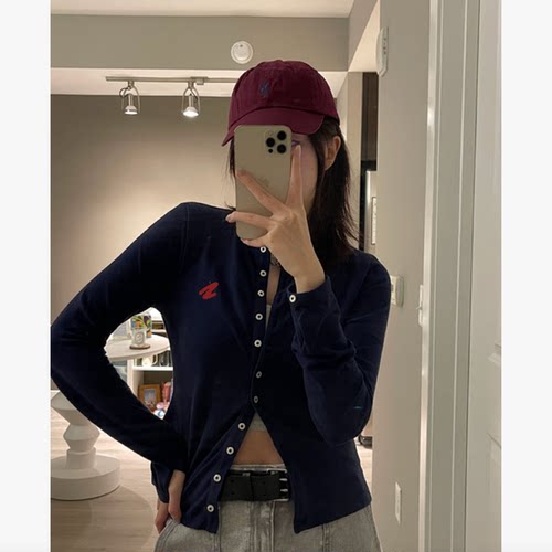 巨折~polo翻领！珠地网眼棉！胸前小刺绣！连指套钮扣直筒开衫2色