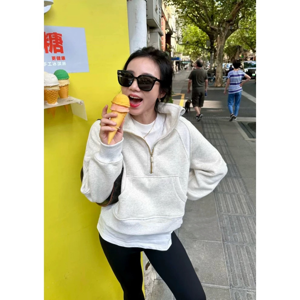 半开襟立领！内加绒~烟囱领半拉链~时髦短款宽松健身卫衣