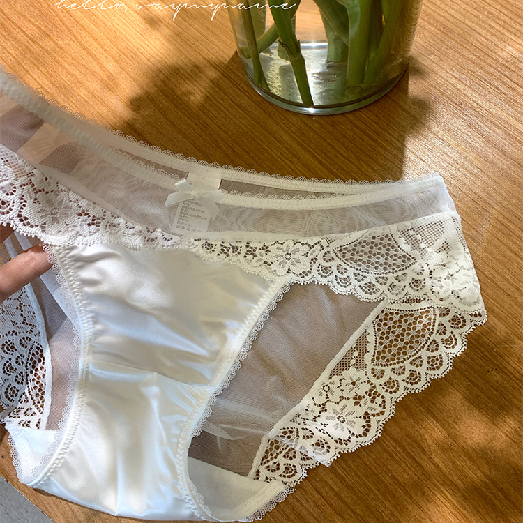 2025新款法式性感勾人内裤女士高级缎面光泽裆纯棉网纱微透火辣