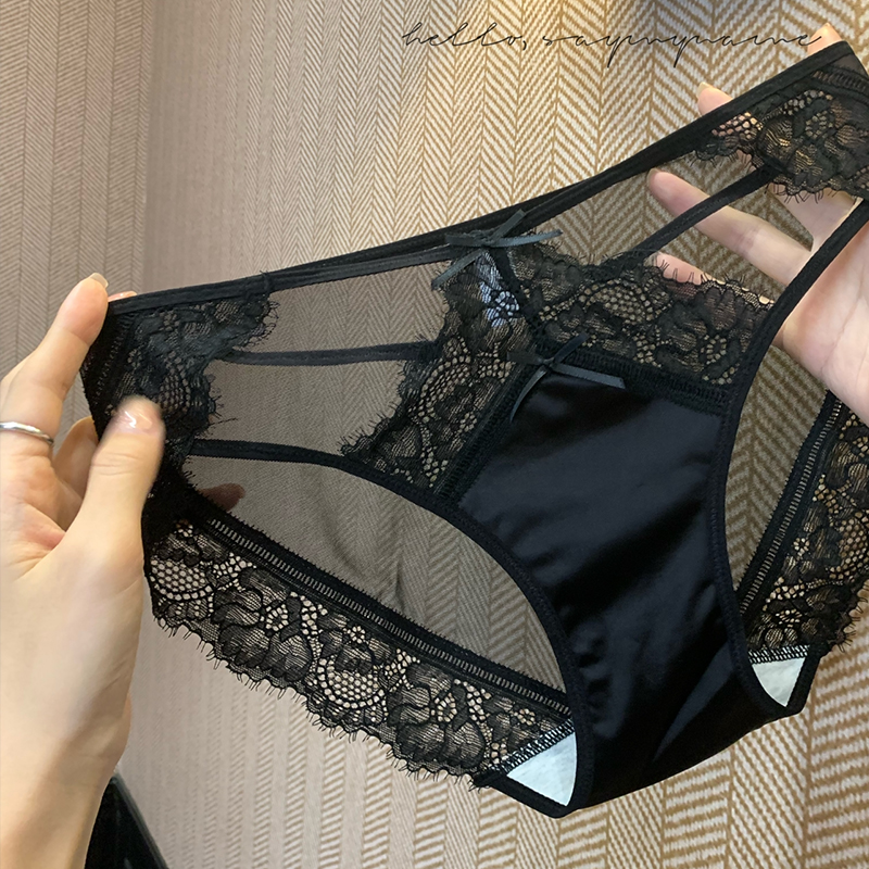 品质缎面性感镂空内裤女纯棉裆低腰包臀火辣网纱微透
