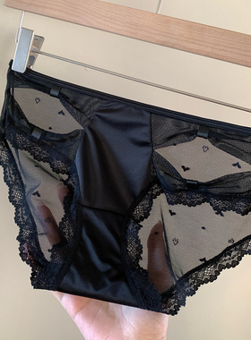 品质缎面蝴蝶结甜美网纱中腰包臀蕾丝黑色内裤女2025新款纯欲性感