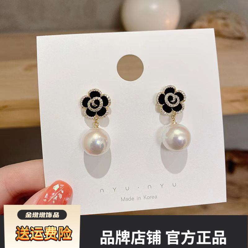 s925银针韩国黑色玫瑰花珍珠花朵