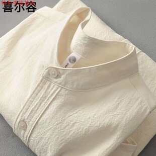 亨利领棉麻圆领五分袖 日系长袖 男士 衬衫 t恤男肌理感上衣 立领短袖