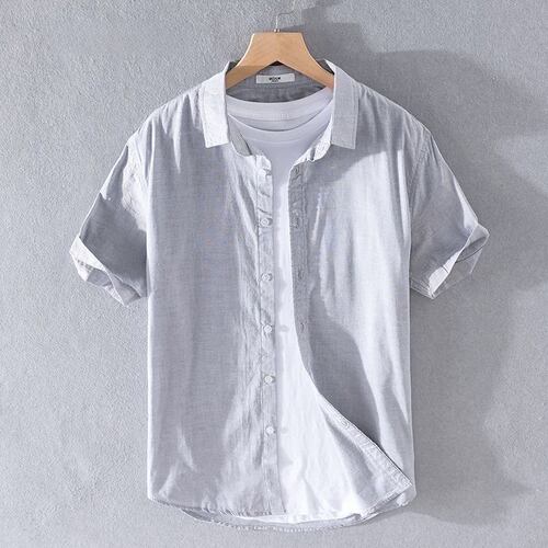 夏季男亚麻短袖t恤休闲宽松衬衫上衣服棉麻翻领麻布潮流体恤潮牌