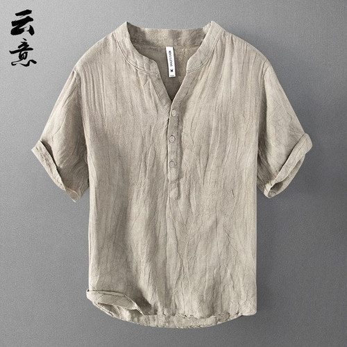 亚麻短袖T恤男夏季中国风宽松薄款上衣纯色复古休闲半袖T恤