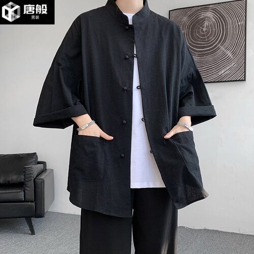 诘襟衬衫道袍外套男夏季亚麻短袖唐装七分新中式国风男装汉服马褂