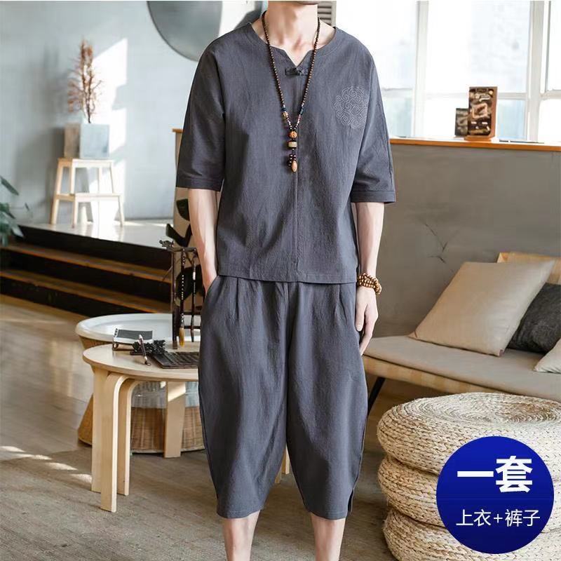 亚麻短袖t恤男大码宽松七分袖体恤潮牌夏季薄款棉麻短裤休闲套装