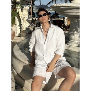 老钱风白色棉麻衬衫 男高级感痞帅海岛度假穿搭慵懒风防晒衬衣外套