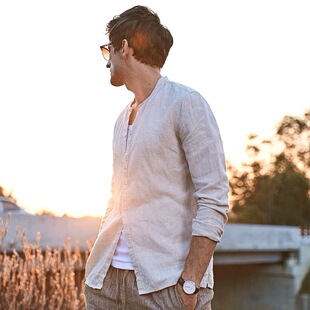 防晒亚麻透气衬衣中山领寸衫 欧货棉麻立领衬衫 长袖 复古修身 男美式