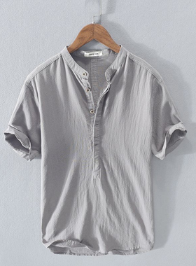 棉麻T恤男士夏季复古亚麻短袖体恤中国风白色POLO衫立领苎麻衬衫