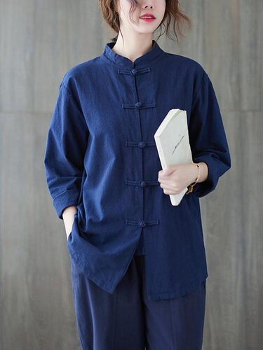夏季中式棉麻复古盘扣居士服禅意宽松佛系立领唐装茶人服上衣女