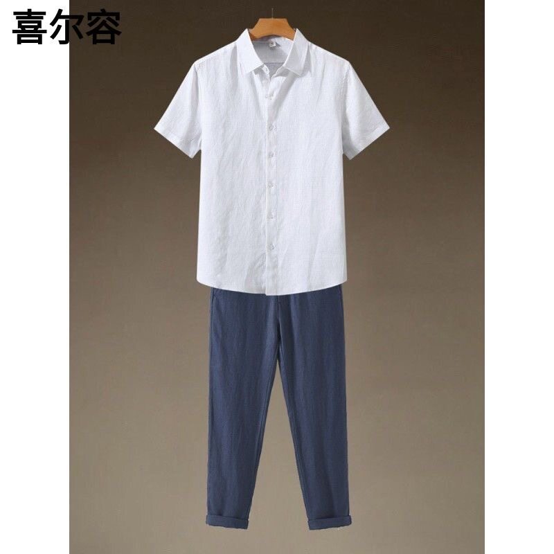 夏季亚麻套装男慵懒风夏天休闲宽松T恤棉麻套装男2025新款休闲裤图片