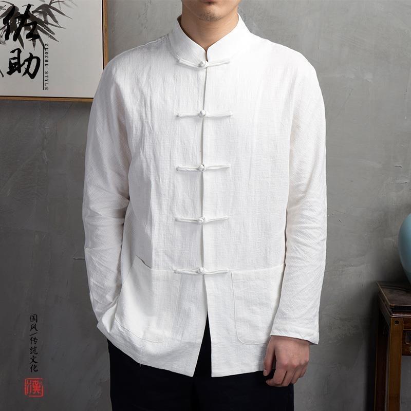 中国风复古盘扣亚麻衬衫男大码唐装汉服长袖棉麻上衣中式男装衬衣