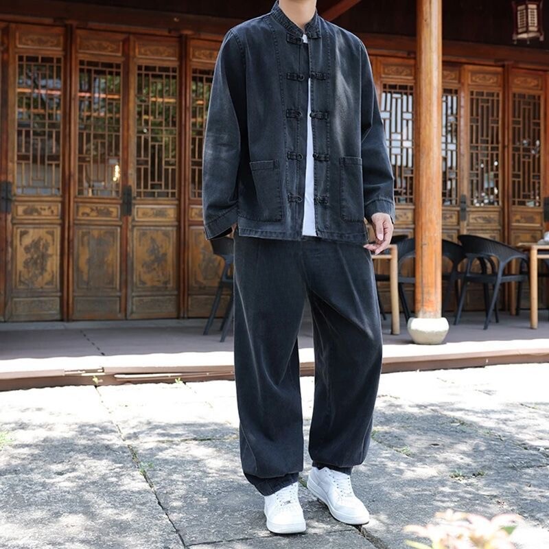 新中式复古盘扣牛仔唐装秋季新款男夹克衬衫直筒长裤国风两件套