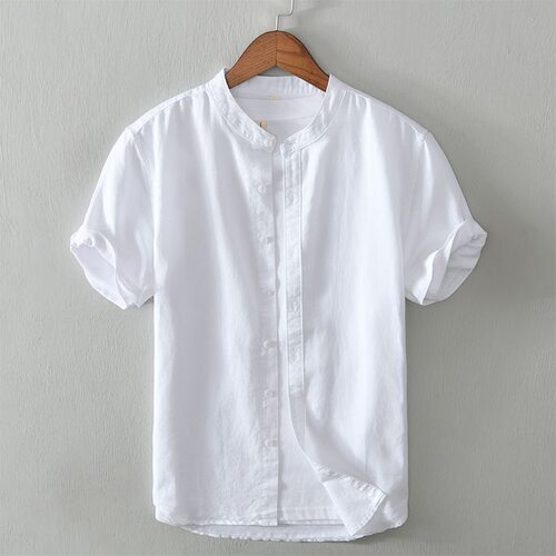 Summer Simple Plain Short Shirt Men's Stand Collar  Cardigan