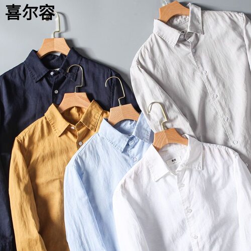 外贸工厂尾货 夏季男款水洗天然亚麻舒适透气休闲长袖麻衬衫 衬衣