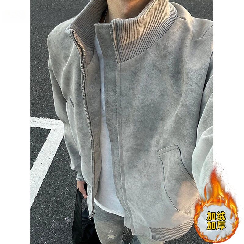 美式复古水洗大理石纹短款外套男款春秋痞帅高级感立领飞行员夹克