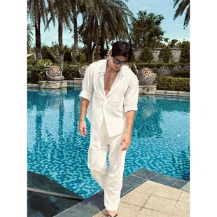 亚麻唐装 国风棉麻透气休闲衬衫 男春夏季 长袖 两件套 复古薄款 新中式