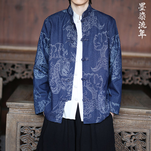 中国风牛仔外套男新中式唐装汉服