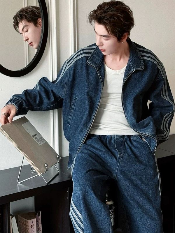 某音秋冬立领长袖加厚宽松三条扛牛仔套装夹克裤子两件套男女同款