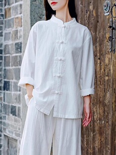 佛系禅意素色宽松休闲茶服衫女式中长款棉麻长袖衬衫阔腿裤两件套