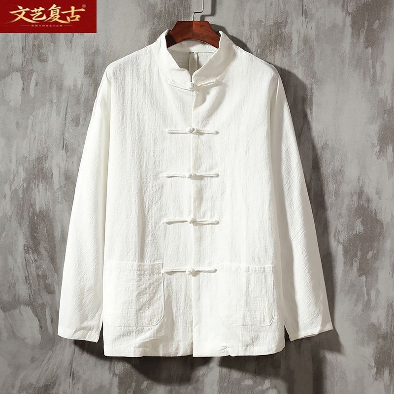 中国风男装盘扣棉麻衬衫立领男士复古风上衣春秋中式亚麻长袖衬衣