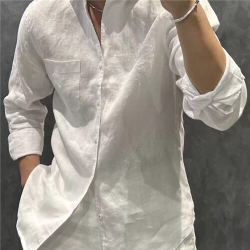 轻奢亚麻长袖翻领衬衣男士2024夏季新款潮流宽松棉麻休闲衬衫上衣
