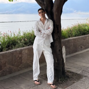 海岛度假老钱风运动休闲套装男高级感慵懒松弛长袖衬衫亚麻裤整套