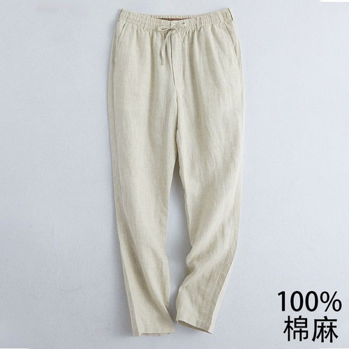 100%棉麻高端休闲裤筒裤夏季薄款宽松苎麻长裤直筒男士透气裤子