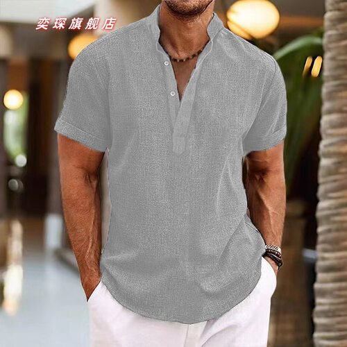 跨境速卖通亚马逊夏季新款男士扎染复古短袖立领休闲亨利衫上衣