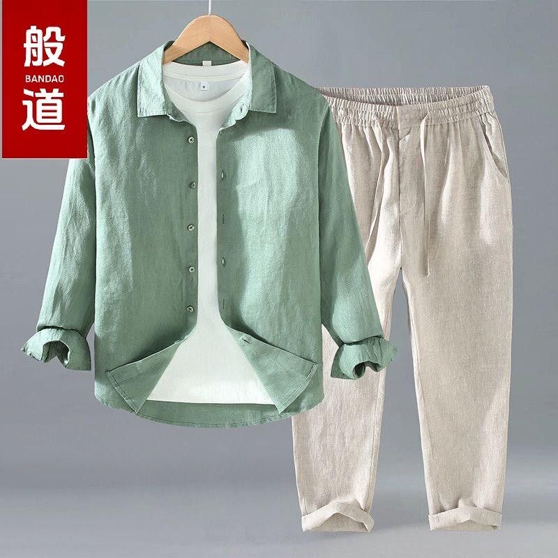 春秋棉麻中式风纯色国风唐装套装亚麻长袖禅修居士汉服男女太极服