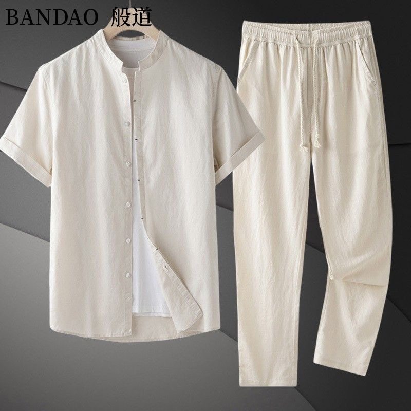 欧美跨境男装春夏亚麻纽扣休闲衬衫短袖长裤开衫简约休闲沙滩套装,男装,中老年套装,淘宝优惠券,粉丝福利购,淘宝优惠卷