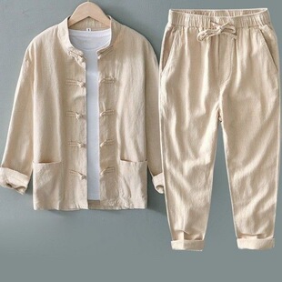 套装 外贸原单大牌清仓亲子唐装 棉麻长袖 男秋季 中国风 复古盘扣衬衫