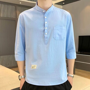 薄款 百搭立领夏季 中袖 七分袖 T恤衫 男士 中国风复古纯棉半截袖 衬衫