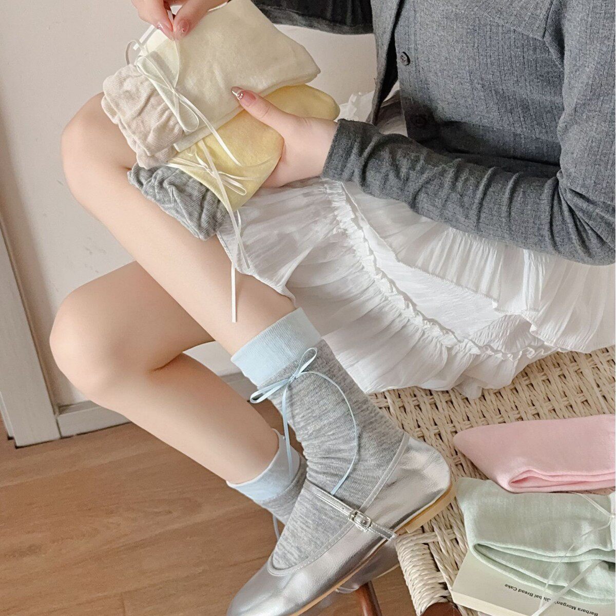 芭蕾风甜美花苞袜假两件蝴蝶结堆堆袜日系jk可爱少女百搭堆堆袜女