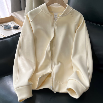 卫衣外套女2025年新款秋冬加绒加厚短款宽松奶杏色立领棒球服上衣