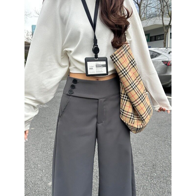 深灰色纽扣西装裤女夏季薄款直筒高腰宽松显瘦垂感慵懒风阔腿裤子
