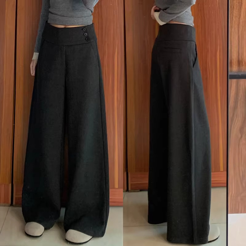 深灰色西装裤女春秋季低腰毛呢纽扣阔腿裤垂感高级感小个子休闲裤