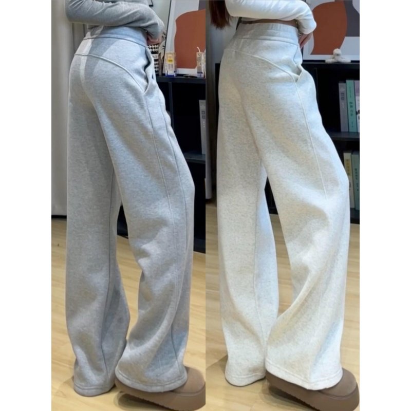 白灰色窄版运动卫裤女秋冬季高腰垂感显瘦休闲裤加绒宽松阔腿裤子