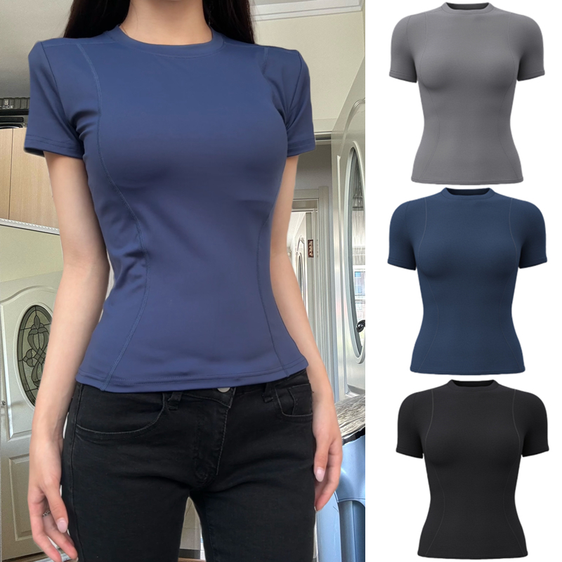 藏蓝色瑜伽服短上衣女夏季运动健身服紧身吸汗速干衣显瘦正肩短袖
