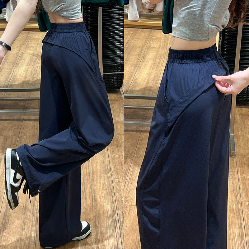 藏青色美式工装裤女夏季薄款高腰运动速干裤小个子宽松直筒阔腿裤