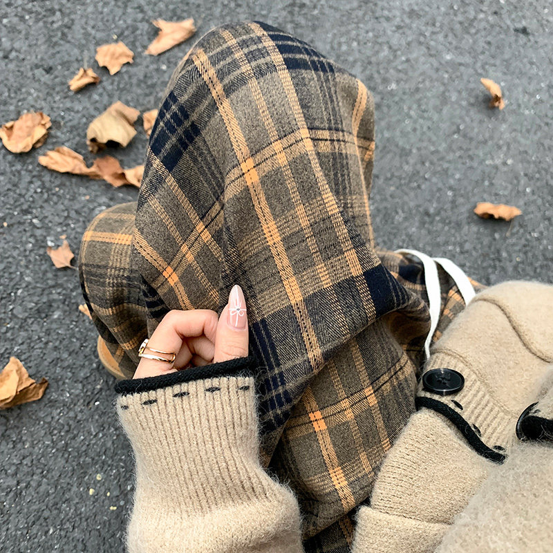 黄色格子裤子女秋冬季高腰垂感宽松慵懒风休闲加绒复古直筒阔腿裤