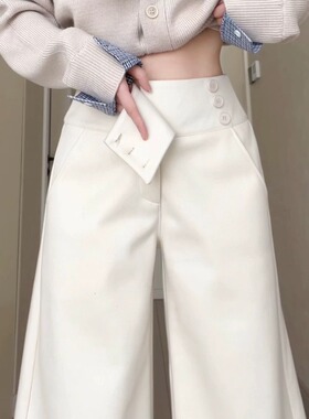 米白色加厚小个子西装裤女秋冬季新款低腰垂感显瘦慵懒纽扣直筒裤