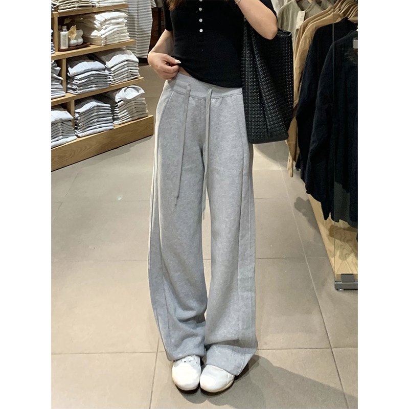 美式灰色加绒阔腿裤女秋冬季高腰垂感显瘦窄版直筒裤运动休闲卫裤
