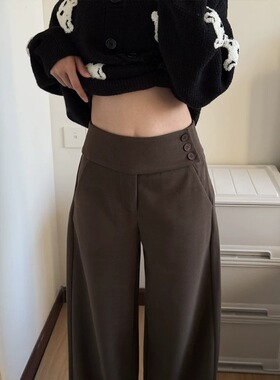 复古咖色毛呢阔腿西装裤女秋冬季新款三排扣慵懒垂感直筒拖地长裤