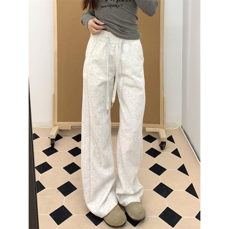 美式运动白灰色加绒窄版阔腿裤女秋冬季高腰垂感显瘦休闲香蕉卫裤