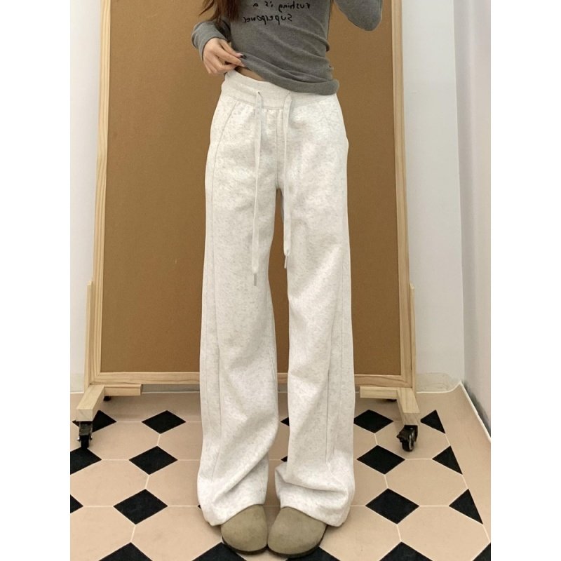 白灰色美式高腰抽绳休闲卫裤女秋冬季宽松显瘦慵懒风加绒阔腿长裤