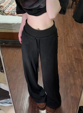 黑色美式运动裤女春秋新款高腰垂感百搭马蹄裤宽松休闲直筒阔腿裤